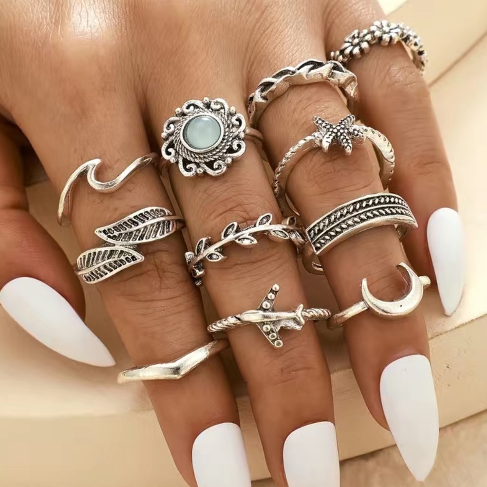 Boho Leaf Moon Gemstone Ring Set 11pc